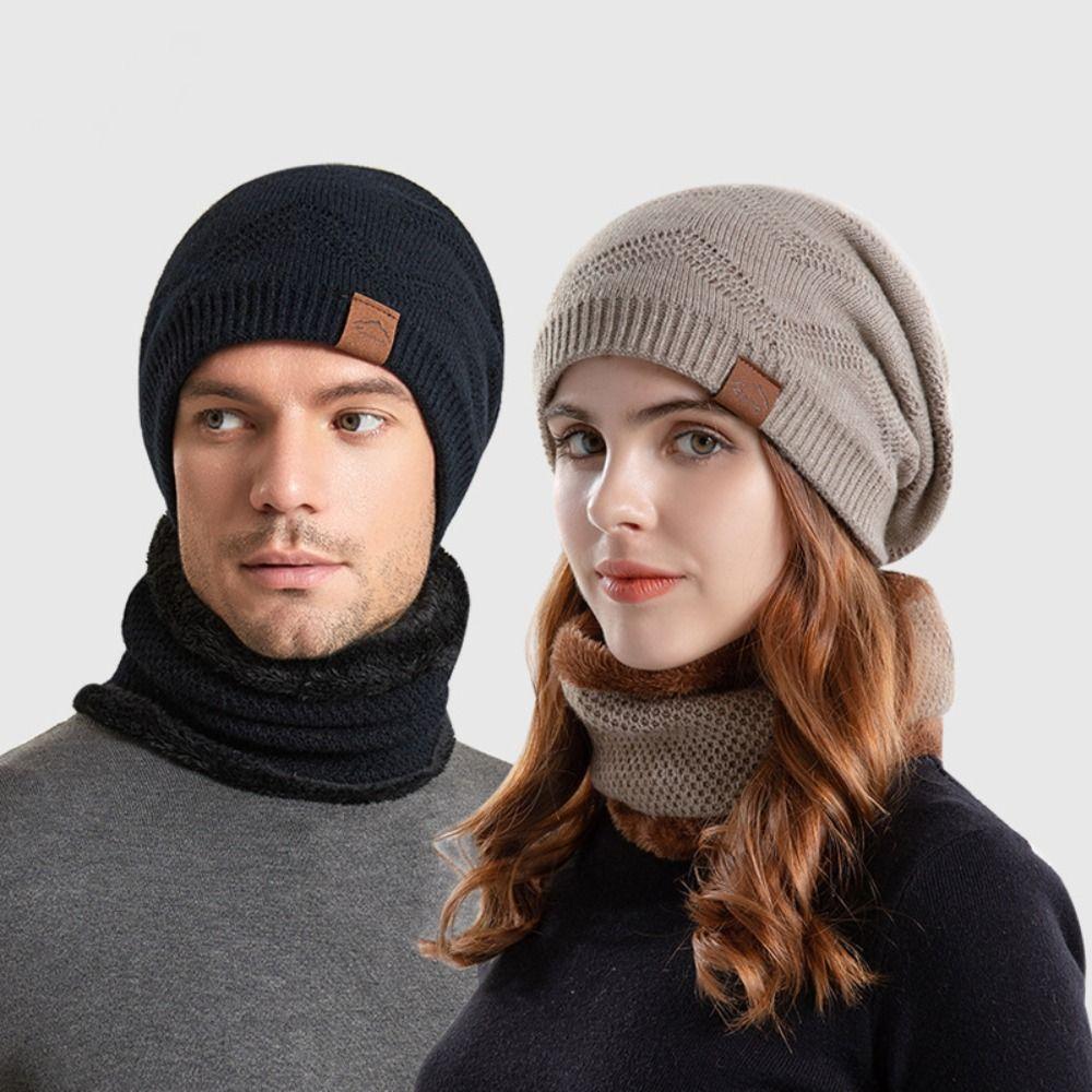 soft Winter Beanie Hat Scarf Set Thicken Warm Wool Hat Cold Protection Thermal Knit Cap  Women/men