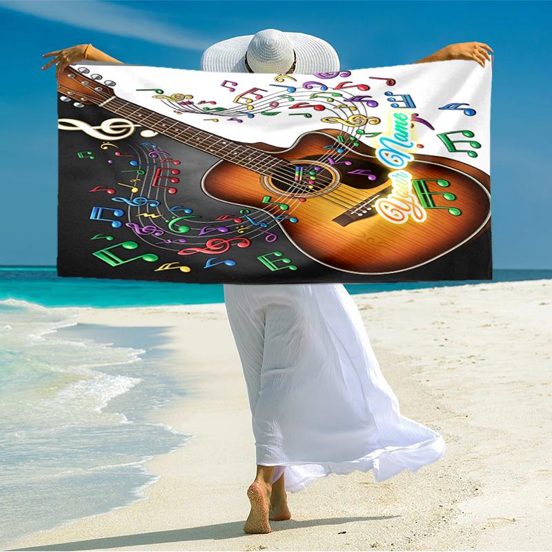 1PC Custom Name Music Notes Guitar Artwork Beach Towel Highly Absorbent And Sand-Resistant Towel for Swimming, Pool, Yoga, And Travel Lightweight
