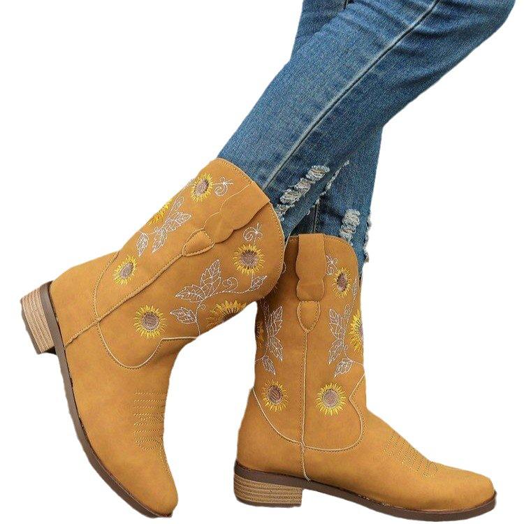 Embroidered Cowboy Boots for Women Western Cowgirl Round Toe Boots Chunky Heel Pull On Dress Mid-calf Boots Women's Low Block Heeled Short Booties