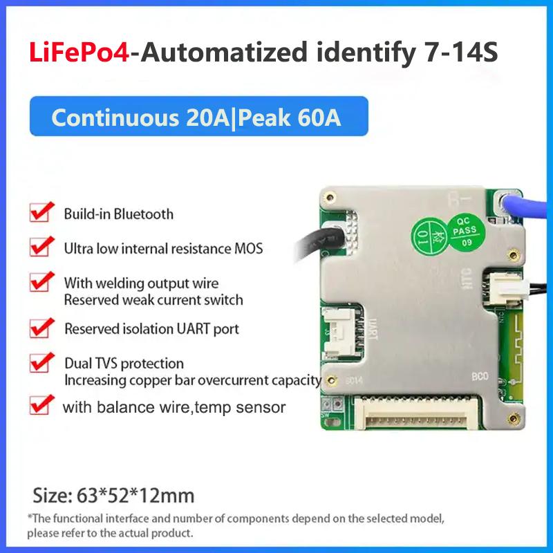 JBD Bluetooth 7S To 14S 13S 48V 52V Lithium Battery Protection Board Smart BMS Balance 24V 36V Li-ion 8S 12S LifePo4 20A 30A