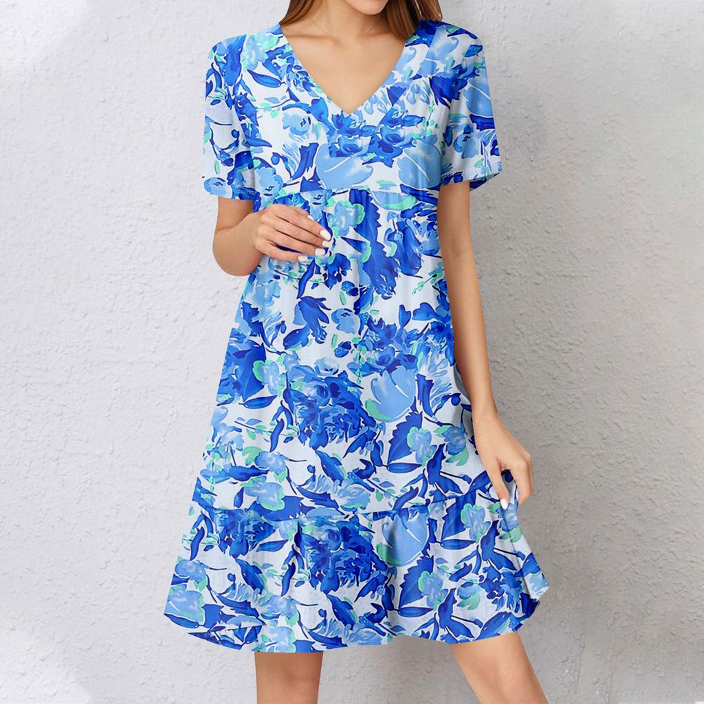 Womens Summer Dress Short Sleeve V Neck Short Dresses Fashion Casual Flowy Boho Ruffle A Line Swing Sundress