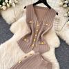 Casual Knitted Sweater Two Piece Sets for Women Metal-button V-neck Sleeveless Fitted Versatile Knit Top and Casual Pants Set