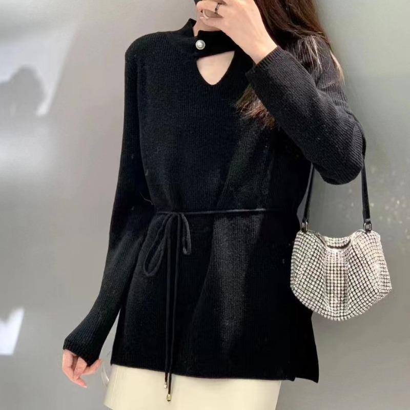 

Sexy careful machine hollow sweater women s new temperament high sense lace-up waist bottom knitted top tide One size fits all [80-65kg] чёрный