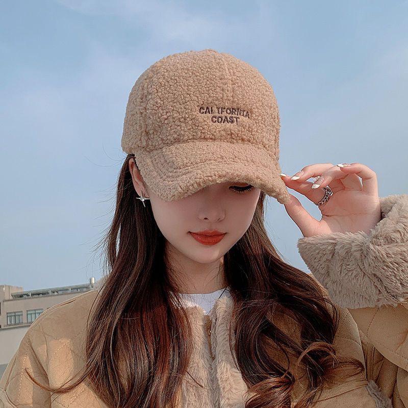 Winter Lamb Fleece Women Baseball Cap Solid Color Letter Embroidery Warm Sun Hat Outdoor Warm Ladies Girls Duck Tongue Caps