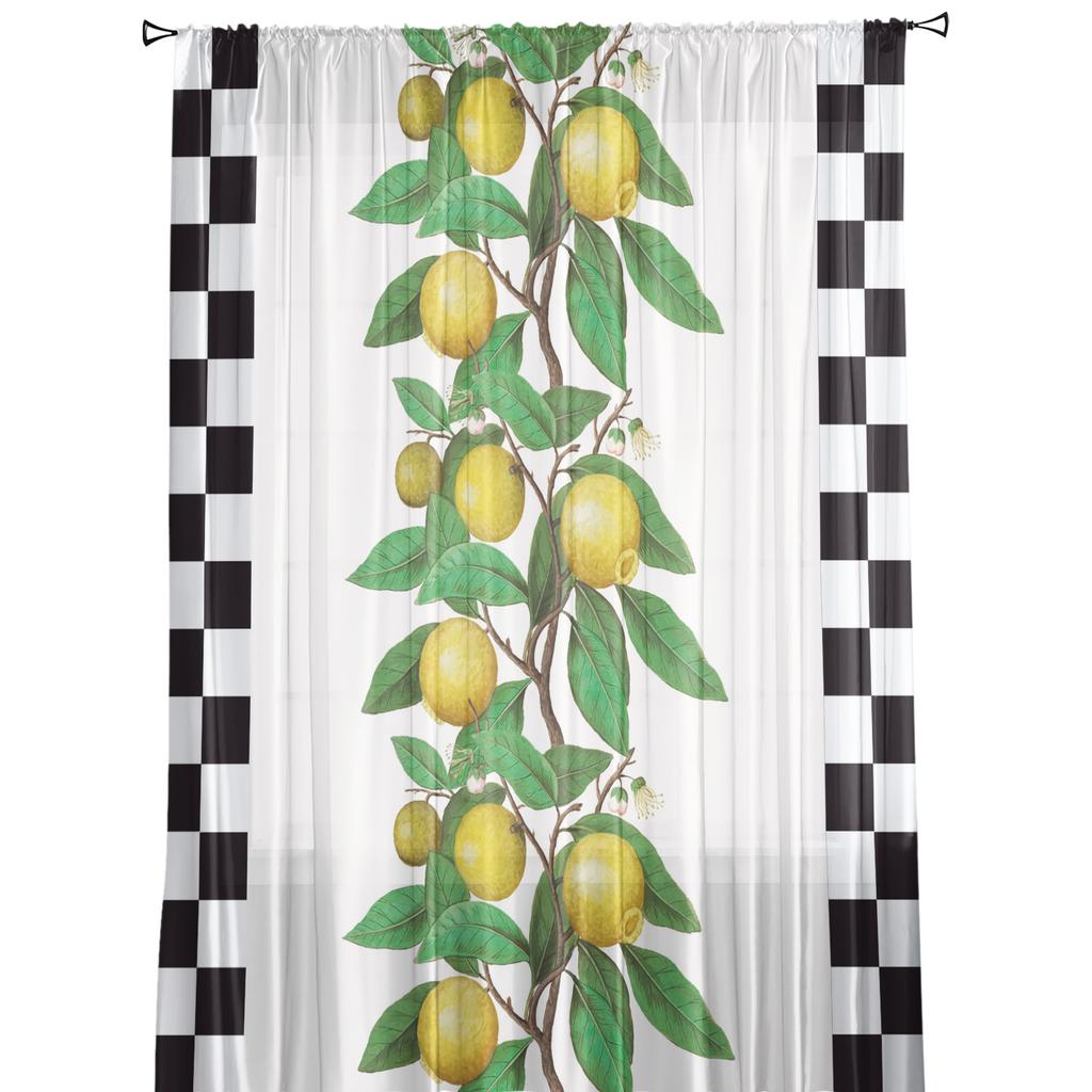 Lemon Fruit Retro Plaid Sheer Curtains Window Tulle Curtains For Living Room Bedroom For Kitchen Veiling Curtains Decoration