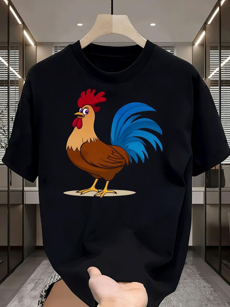 2026Unisex Summer Rooster Print T Shirt Streetwear Crew Neck Soft Breathable Loose Fashion Top Male Daily Short Sleeve Animal Tee