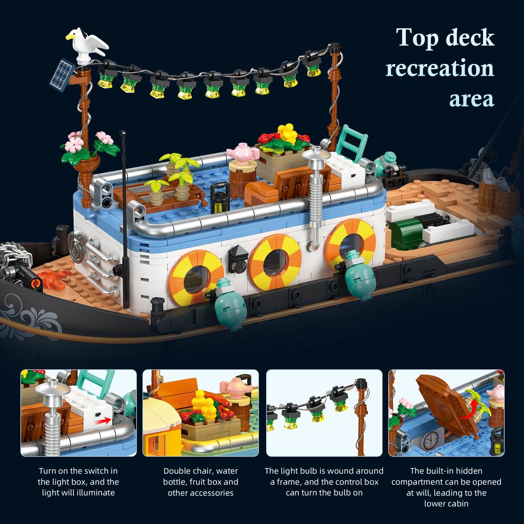 1306 Pcs Lighted Canal Boat House Diy Retro Building Blocks Toys Home Decor Ornament Kids Educational Assembly Toy Birthday Gift