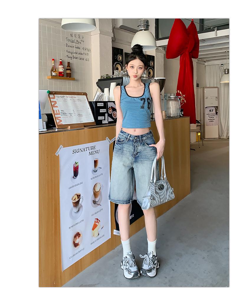 2025 Spring/Summer American Retro High-Waisted Distressed Denim Mid-Length Women's Shorts, Versatile Loose Wide-Leg 5-Point Pants