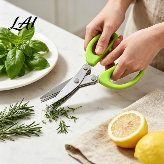 Comfortable Grip Herb Cutter Scissors with 5 Thickened Sharp Blades & Cleaning Comb Ergonomic Offset Handle Kitchen Gadget for Fresh Herbs