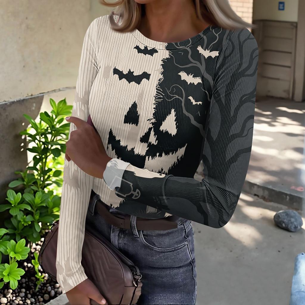 Women Halloween Print Long Sleeve Slim Fit Crew Neck Base Shirt Stretchy Ribbed Fabric Casual Top for Autumn and Winter