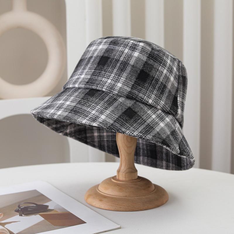 New retro plaid basin hat textured woolen wide-brimmed bucket hat autumn and winter versatile warm hat
