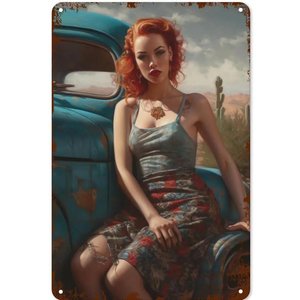 Metall Blechschilder Pinup Auto Mädchen Wanddekoration Plakette Vintage Kunst Poster Eisenmalerei für Man Cave Zuhause Café Garage Club Bar
