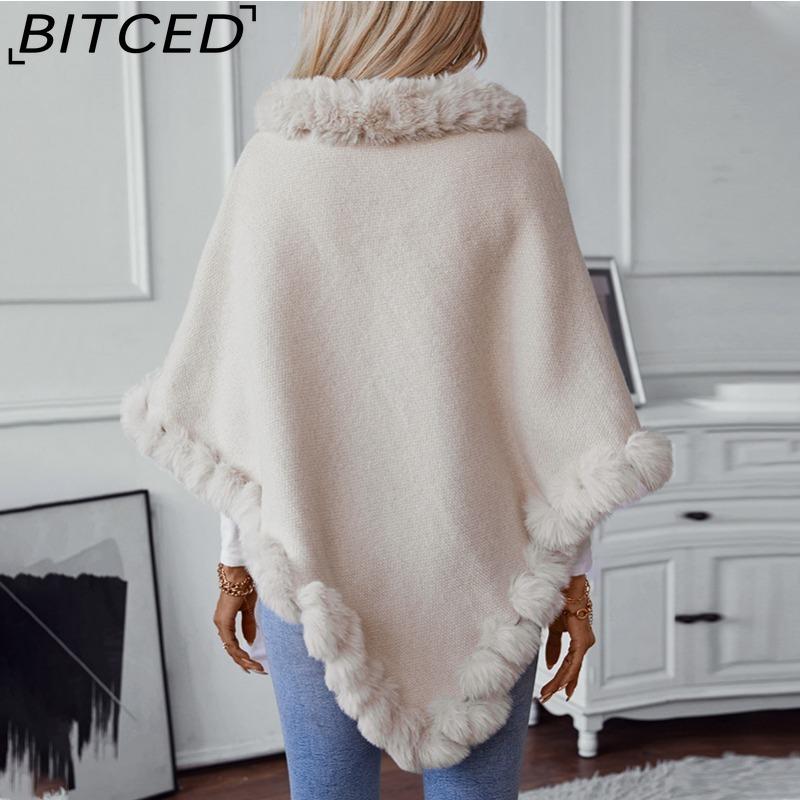 BITCED Solid Colour Wool-Trimmed Pullover for Women Autumn/Winter Thick Vintage Check Knitted Cape Shawl