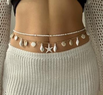 Double Layer Beach Waist Chain Shell Starfish Pendant Waistband Adjustable Shell Charm Waist Chain for Women