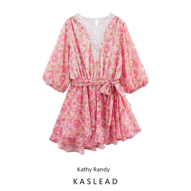 Kaslead New Women clothes Western Style Sweet Style Small Floral Neckline Lace Dress