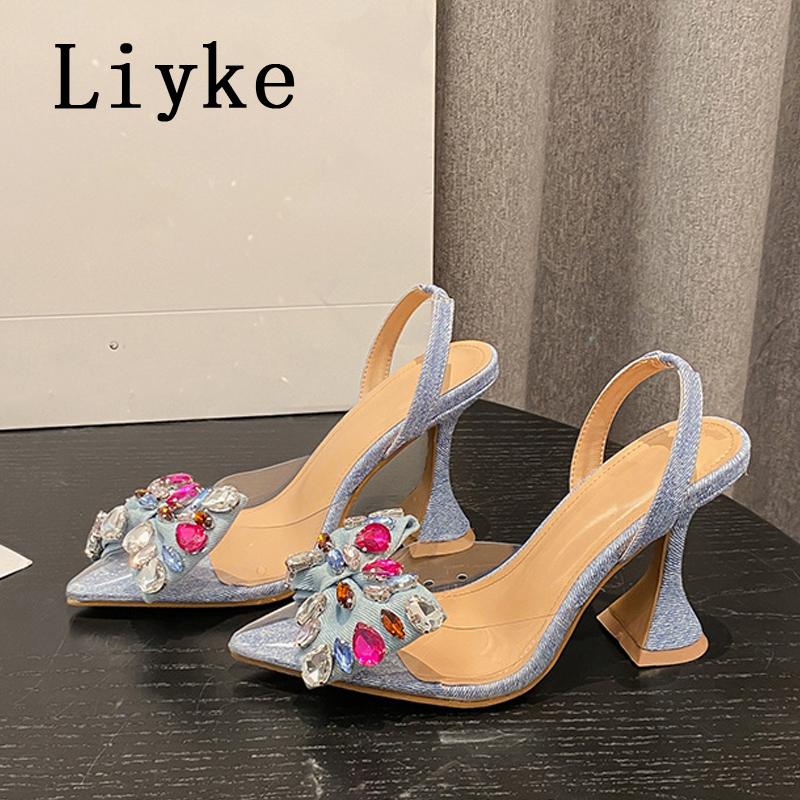 Fashion Liyke Strange Style Blue High Heels Mules Sandals Summer Fashion Crystal Denim Bowknot Pointed Toe Party Dress Shoes Women Pumps