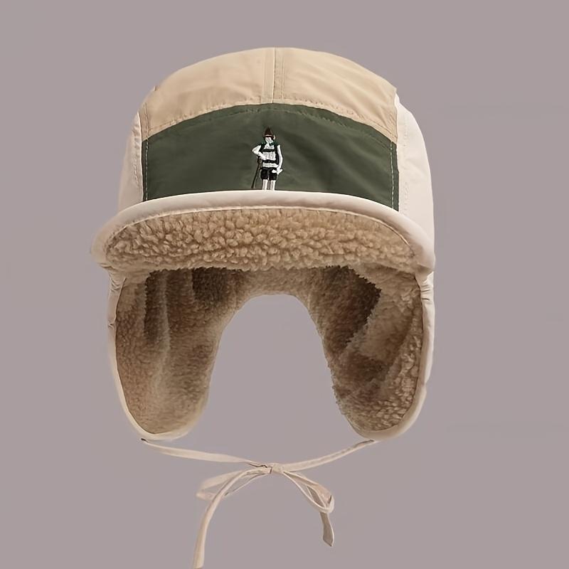 Casquette d'aviateur rétro pour homme doublée en polaire - Chapeau d'hiver léger avec cordon de serrage ajustable, Colorblock vert olive et marron, Doublure en polaire pelucheuse pour le ski