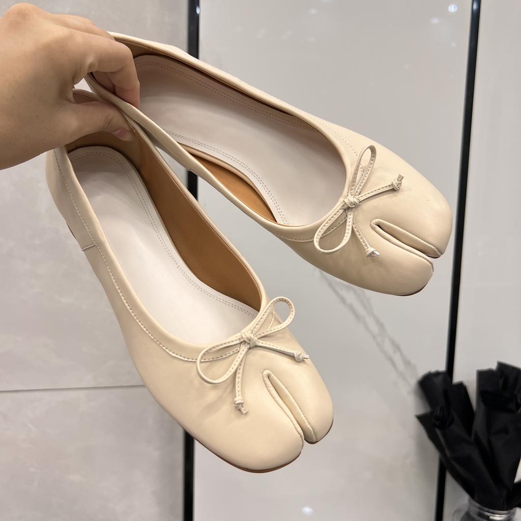 Spring Women Flat Split Toe Shoes with Bow Soft Leather Bow Tie Front Shallow Slip On  Girls Tabi Shoes Flats Ballet Shoes