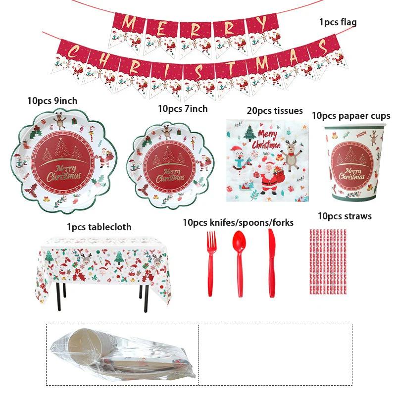JUSTINLAU Christmas Cutlery Disposable Tableware Set Paper Plates Paper Cups Tissues Tablecloth Dining Plates Christmas Themed