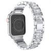 Compatible with Apple Watch 7/8/9: Luxury Full Diamond Metal Band with Three-Bead Design.