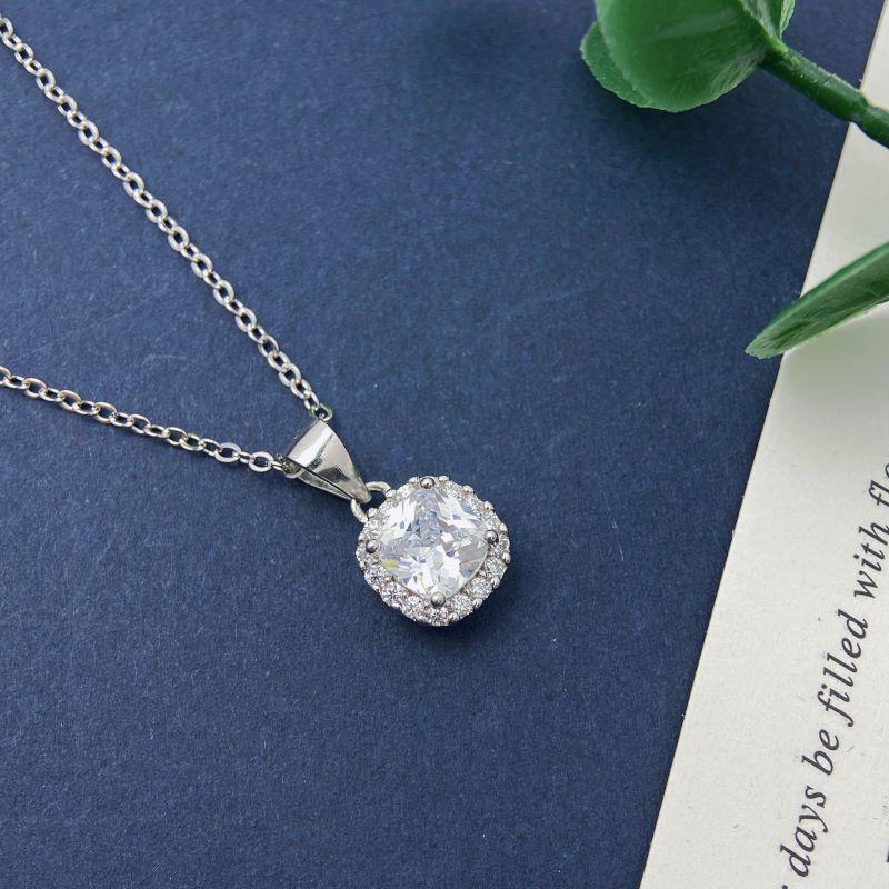 S925 Sterling Silver Square Zirconia Halo Pendant Necklace - Elegant, Versatile, Simple Ins Style for Women S925 Silver