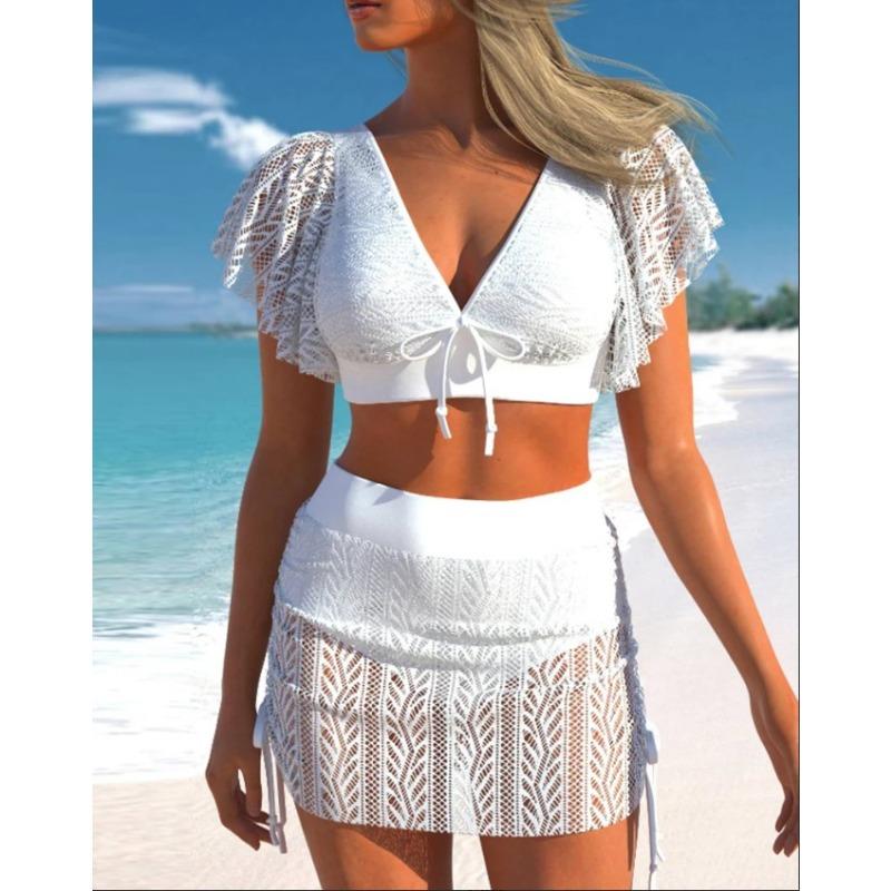 Sommer Einfarbig Hochtaillierte Badehose Rock Set Bikini Damen Zweiteiliger Badeanzug