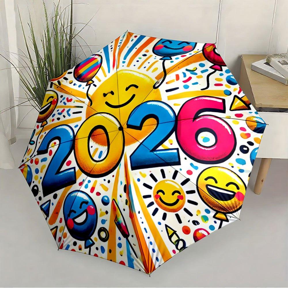 

2026 New Year Automatic Folding Umbrella with Smiling Faces, Balloons & Confetti - Self-Opening/ Closing, 8-Rib Compact Portab
