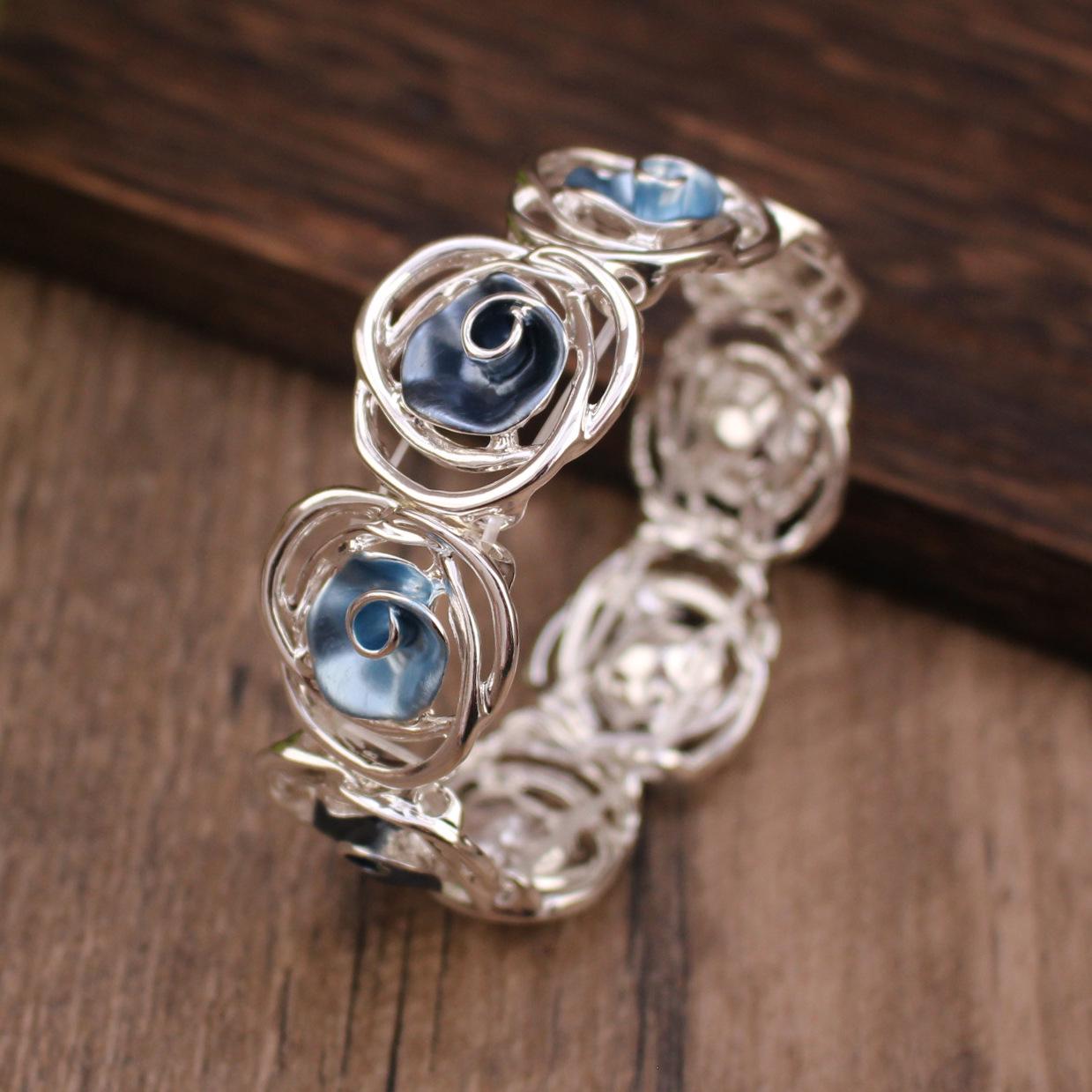 

Cloisonné Enamel Rose Openwork Elastic Bangle – High-End Valentine s Day Bracelet for Women