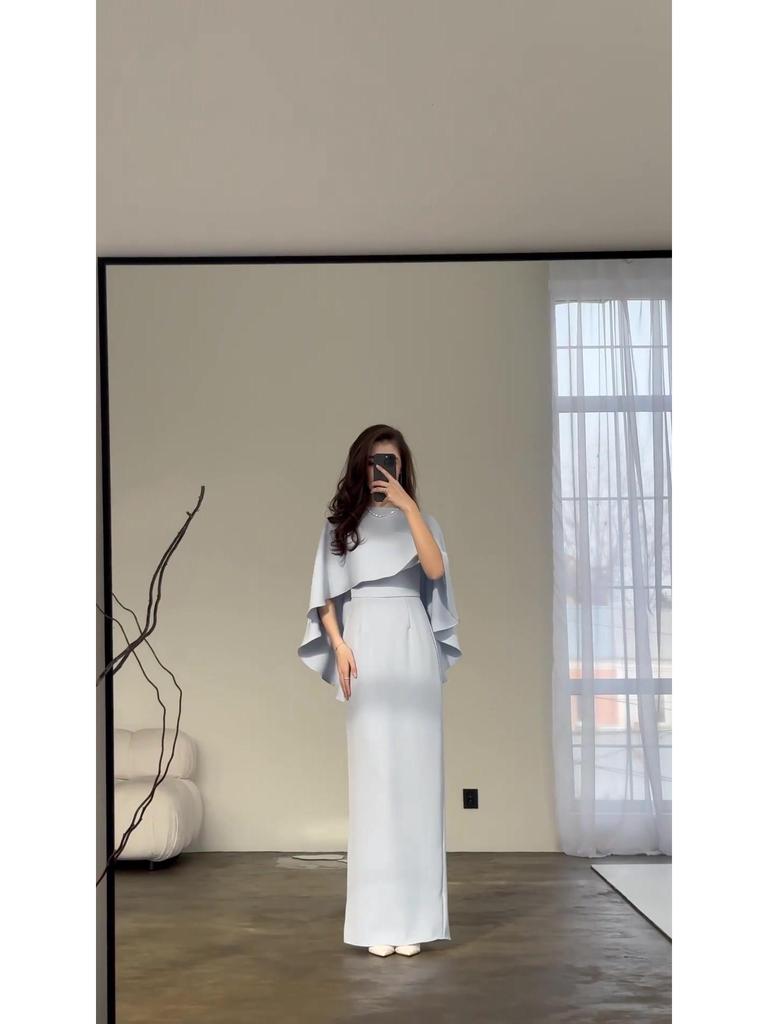 European and American 2024 Solid Color Satin Batwing Shawl Dress with Long Sleeves