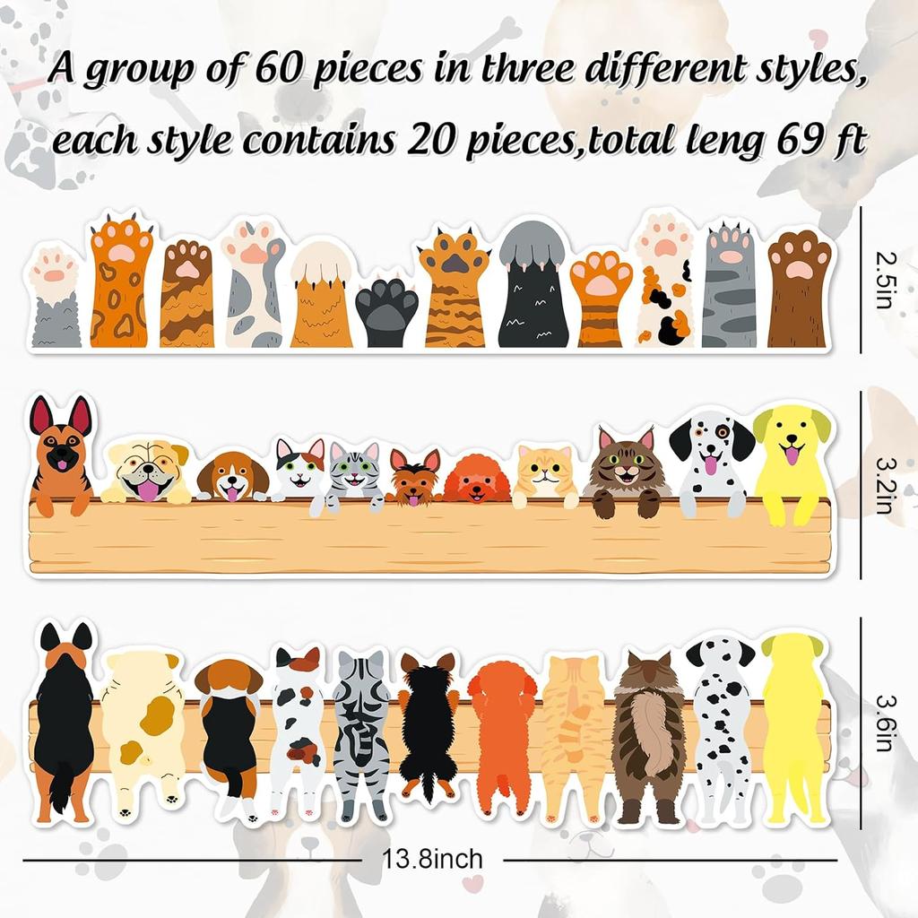 60Pcs Pet Bulletin Board Borders Cute Dog Cat Paw Print Self-Adhesive Border Trim Sticker Decals for Home Classroom Office Party Wall Decor