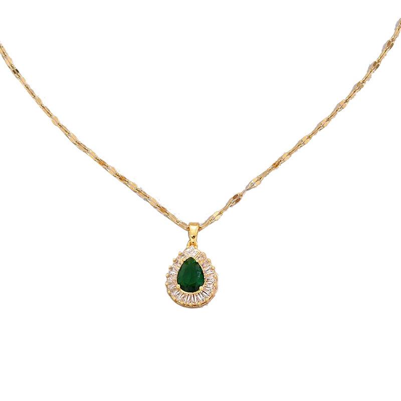 Emerald Necklace Women's Fashion Temperament Suit Vintage Hong Kong Style Necklace Earrings Versatile Jewelry