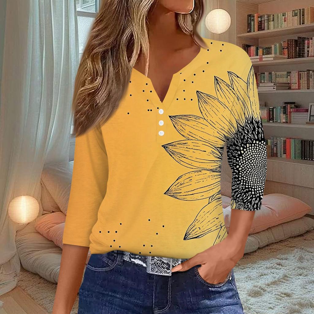 Women's T Shirt Tee Print Button 3/4 Sleeve Daily Weekend Fashion Basic V Neck Regular Top