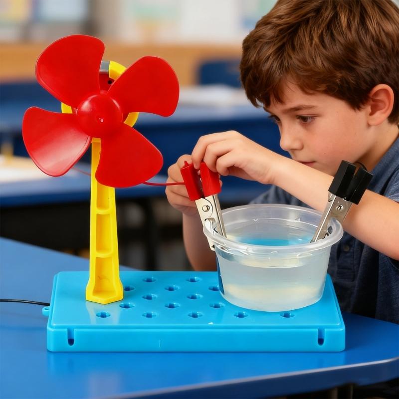 Science Demonstration Hand Making Saltwater Powered Generator Fan Set Enhancing Physics Education and Handcraft Skills