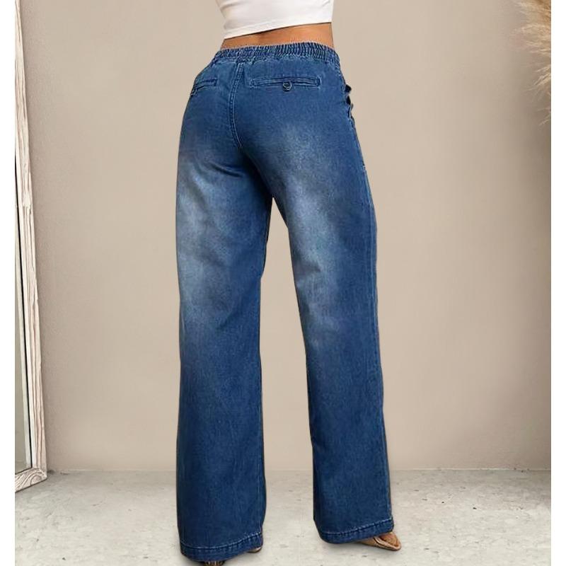 Women S Wide Leg Drawstring Elastic Waist Relaxed Fit Casual Denim Jeans