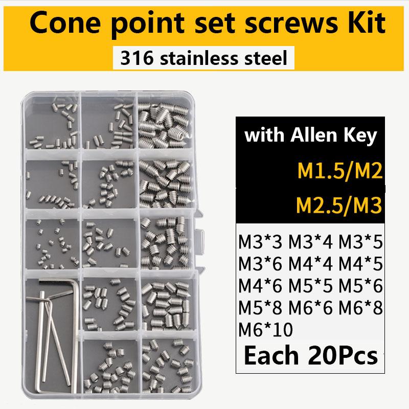 304 316 Stainless Steel Internal Hex Socket Drive Cone Dog Flat Cup Point Set Screw Assortment Kit Allen Head Grub Bolt