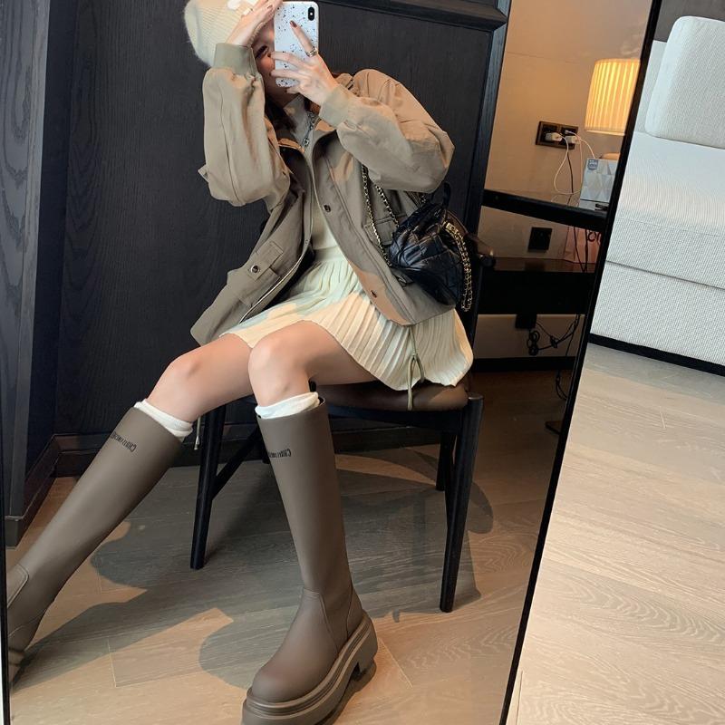 [] Two Versions~ Round Head Thick-soled Elastic Medium and Tall Knight Boots Women's Rain Boots