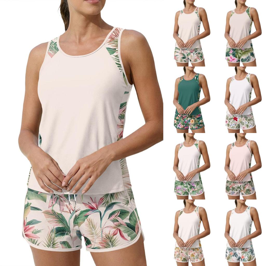 Womens Two Piece Tankini Bathing Suits Floral Tank Top and Swim Shorts Athletic Modest Tummy Control Swimsuit Set