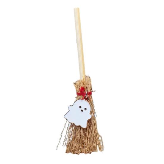 Mini Witch Broom Car Pendant Wooden Halloween Ornament for Rearview Mirror 1:6/1:12 Miniature Doll Houses Scale Accessory