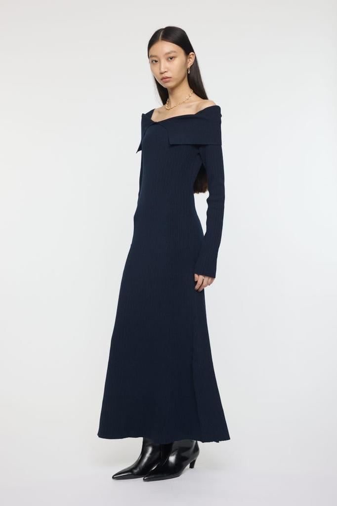 Moussy Asymmetric Collar Knit Navy Dress, 010IA373-7951, Women's,