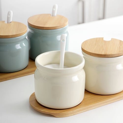 BDHD Ceramic Seasoning Set with Sugar, Salt, Spice Containers, and Oil Bottles, Nordic Design, Ceramic Spice Box Set for Home Kitchen Storage (Ivory &