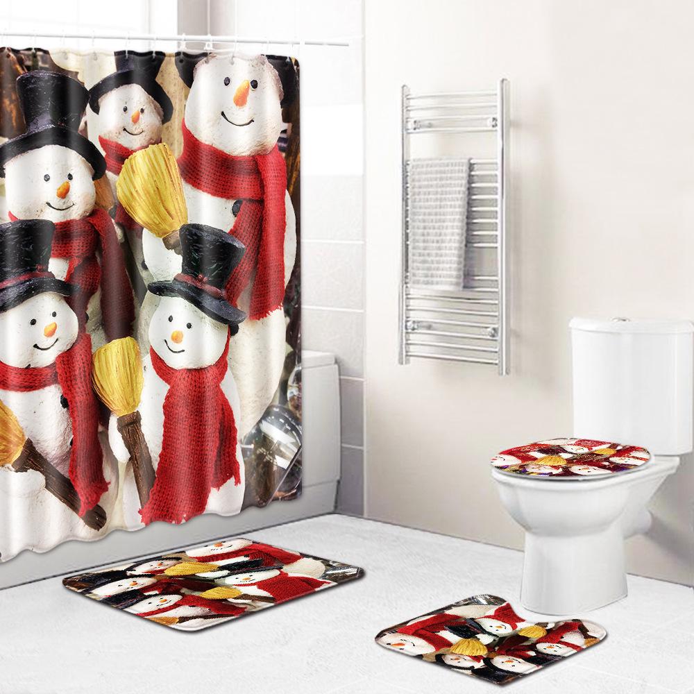 Christmas Shower Curtain Floor Mat Combination Four-Piece Set Bathroom Toilet Carpet Shower Room Mat Foot Mat