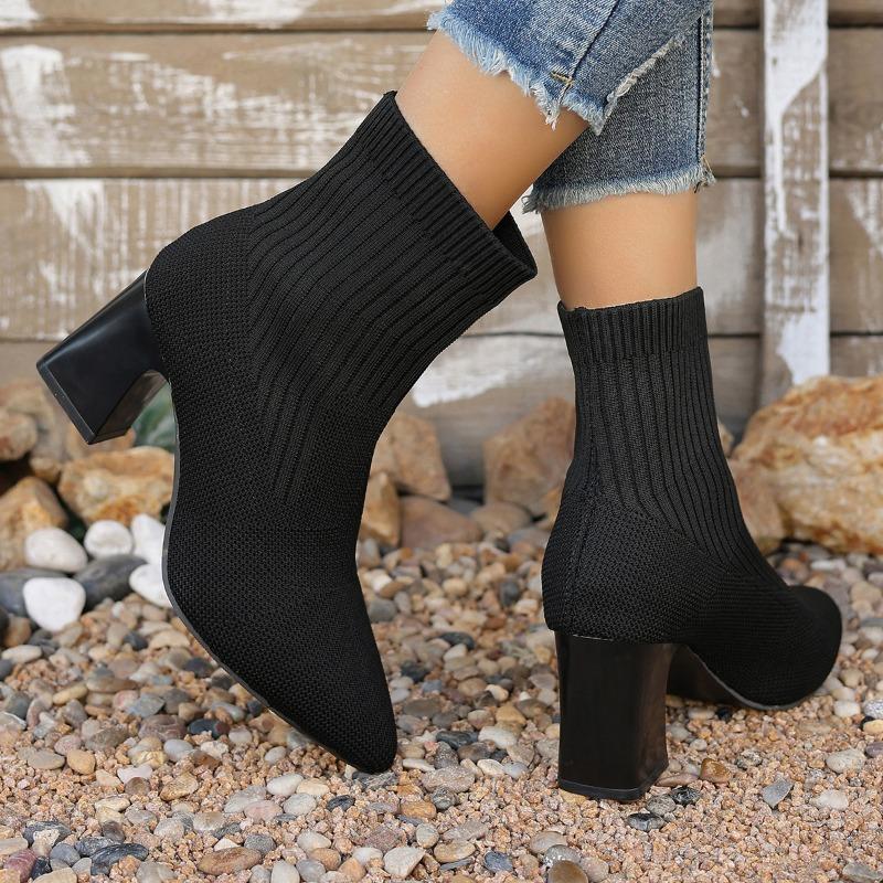 Fashion 2024 Hot Sale Ladies Shoes Ankle Women's Boots Plus Size Knitted Boots Women Pointed Toe Slip On High Chunky Heels Women Shoes