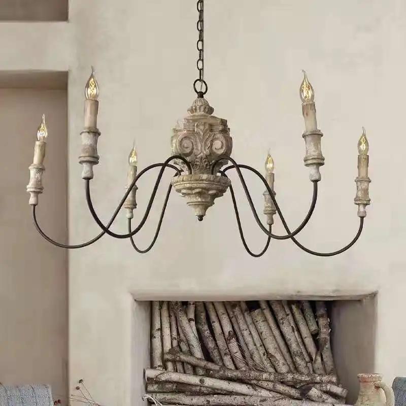 American Rural French Solid Wood Chandelier Carving Retro Vintage Living Room Dining Room Bedroom Villa Candle Lights Lustre