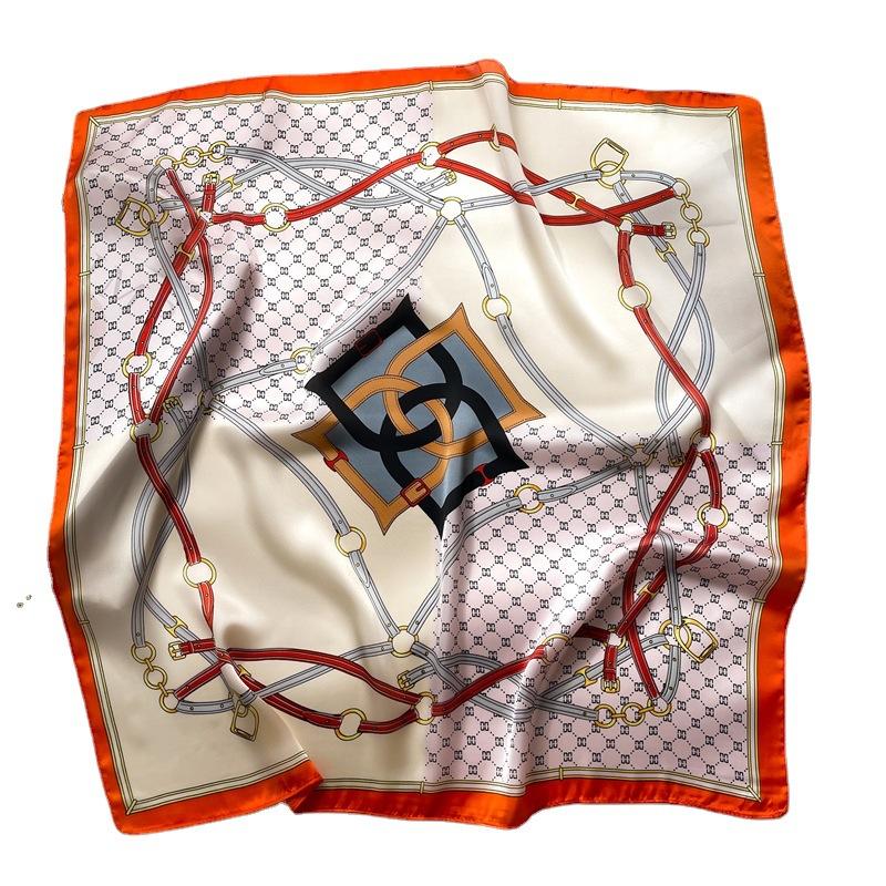 High-end silk scarf women's square scarf thin chain letters versatile foreign style small shawl spring and summer travel scarf