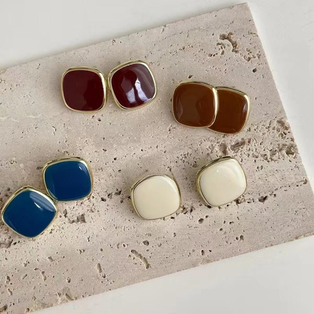 Retro Simple Colored Drip Glaze Gold Color Edging Geometric Square Stud Earrings for Women Korean Temperament Piercing Jewelry