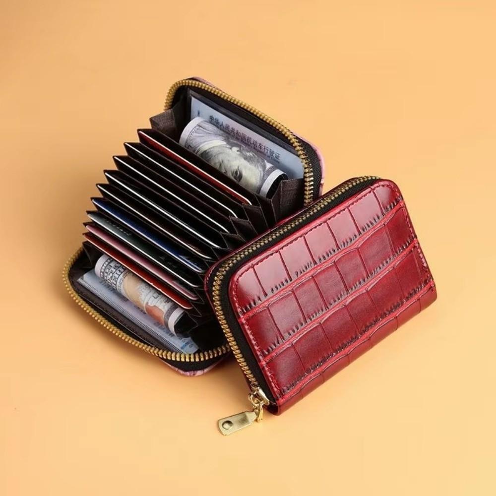 Vintage Mini Slim Card Holder with Zipper PU Zero Wallet Crocodile Pattern Multi Card Slots Thin Small Purse Driver License Case