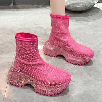 Full Drill Cover Foot Single Shoes Autumn New Round Toe Platform Sole Non-slip Wear-resistant Block Heel Boots