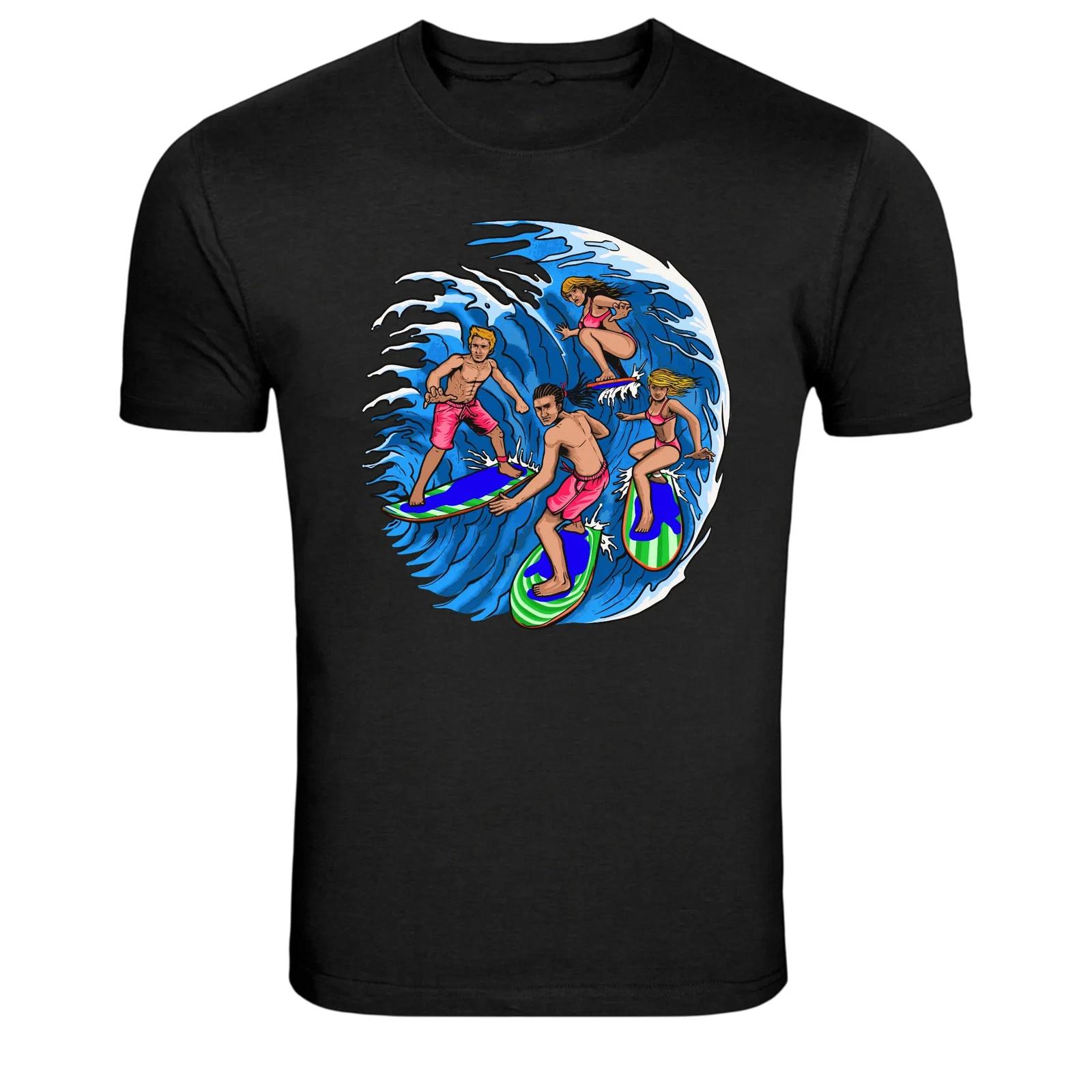 Surfers Riding Big Wave Surf Graphic T-Shirt S