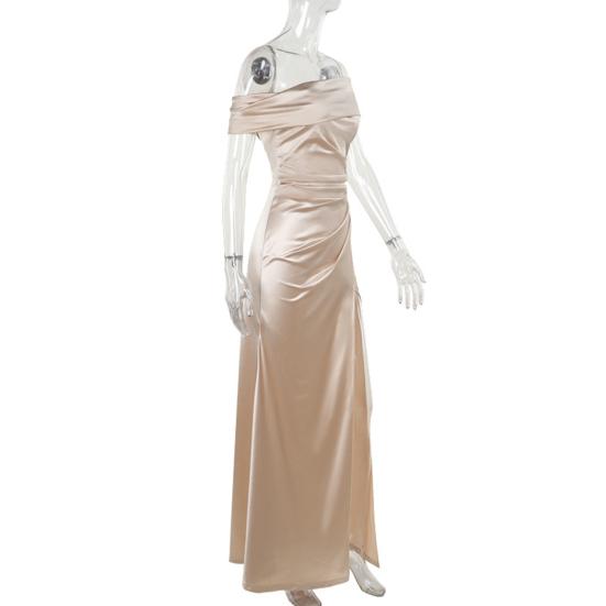 Prom Dress for Women Off Shoulder Satin Evening Party Formal Gown High Slit Cocktail Wedding Guest Maxi Dress