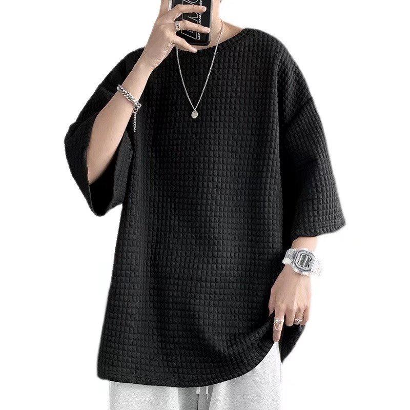 Men's Solid Color Waffle T-Shirt, Hong Kong Style, Short-Sleeved, Korean Trend, Loose Fit, Five-Point Sleeve.